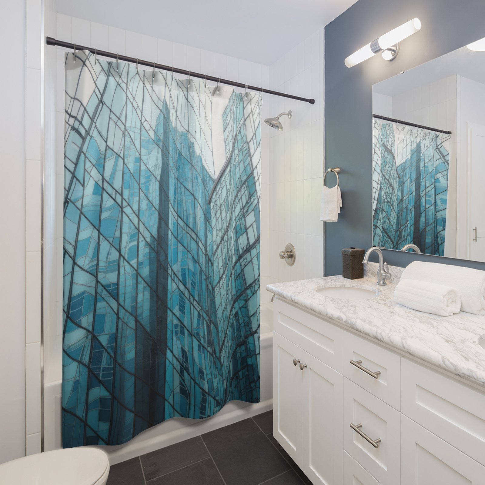 Modern Glass Towers Cityscape Shower Curtain - Image 3