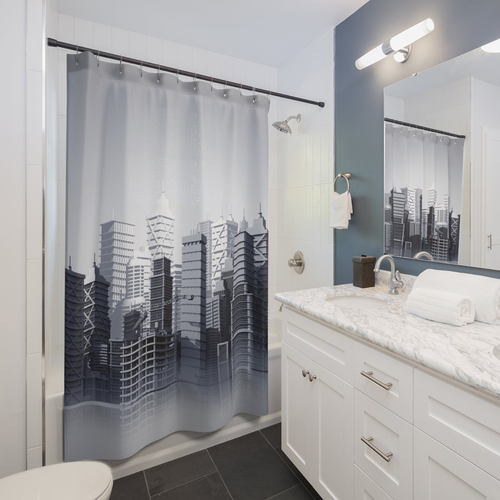 Monochrome City Skyline Cityscape Shower Curtain - Image 3
