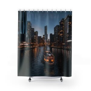 Riverside Evening Glow Cityscape Shower Curtain