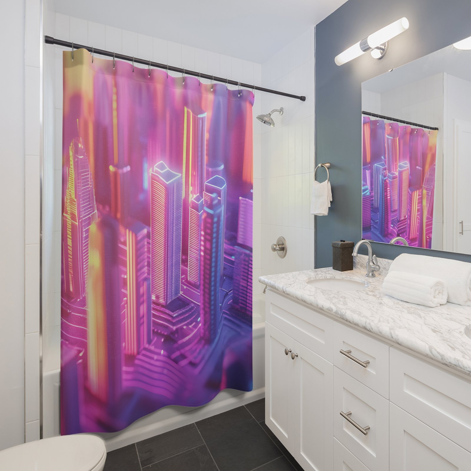 Neon Night Skyline Cityscape Shower Curtain - Image 3