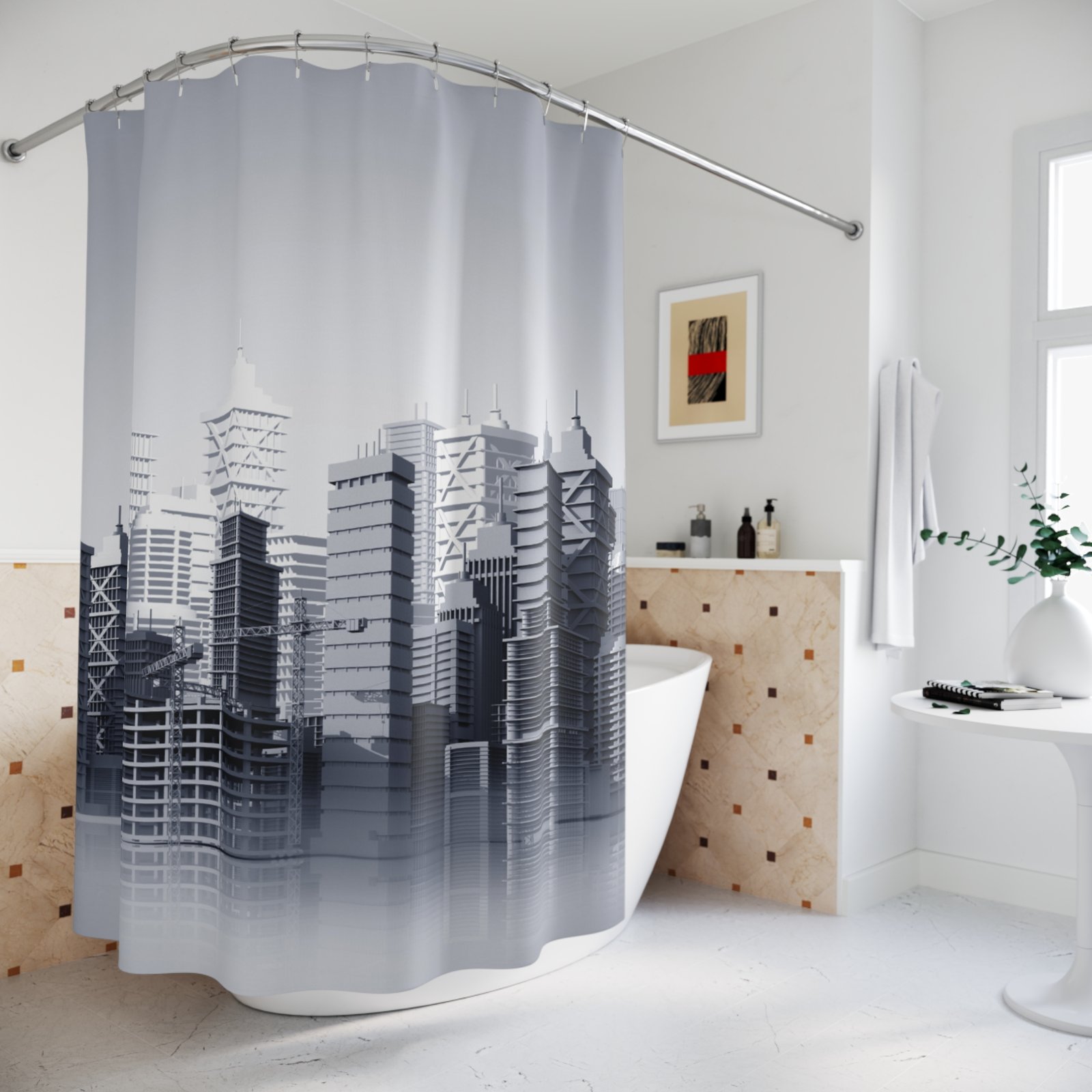 Monochrome City Skyline Cityscape Shower Curtain - Image 4