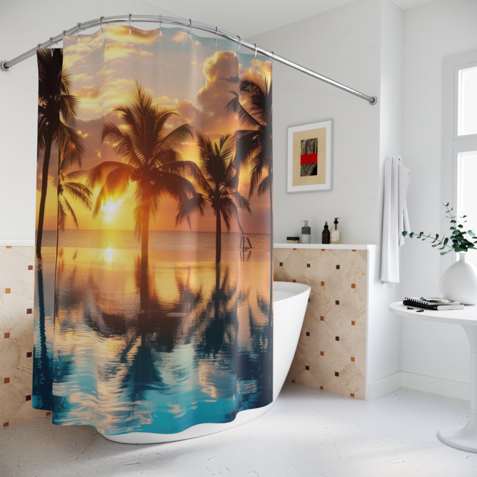 Tropical Sunset Palms Glow Shower Curtain - Image 4