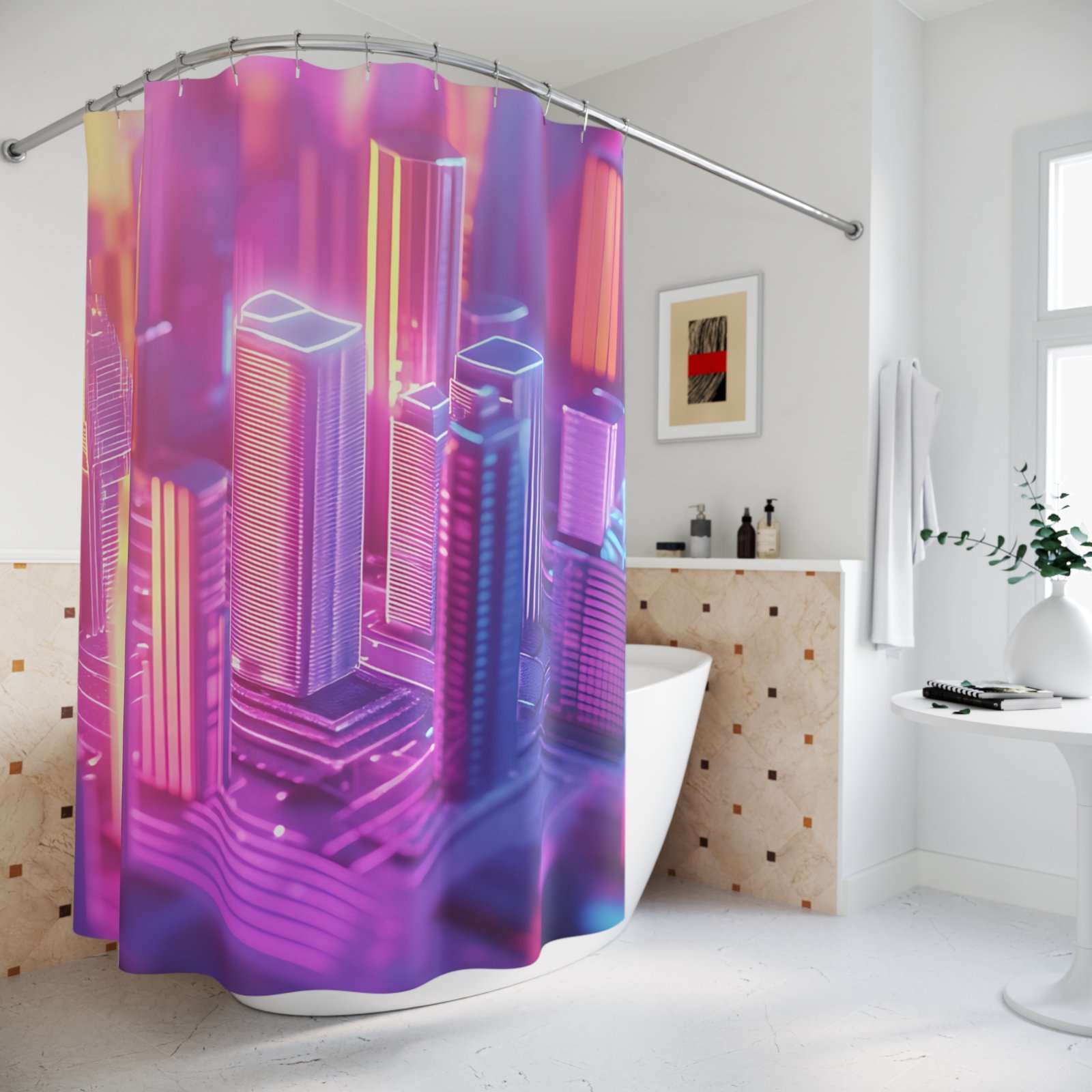 Neon Night Skyline Cityscape Shower Curtain - Image 4
