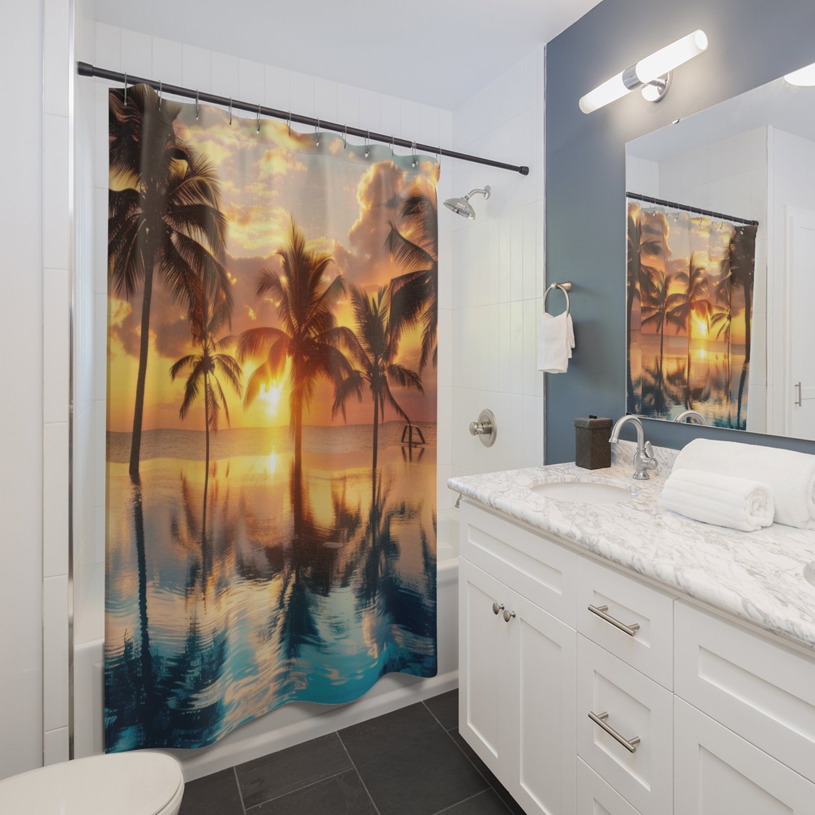 Tropical Sunset Palms Glow Shower Curtain - Image 3